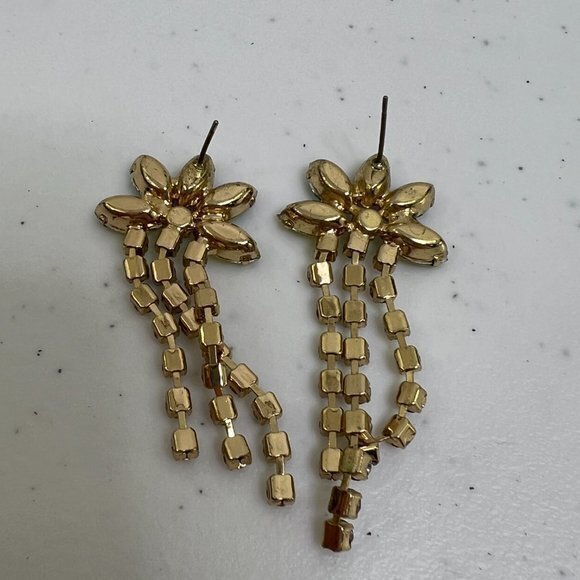Rhinestone Drop Earrings Pink Blue Gold Tone Floral Chandelier Teardrop Used, s - Picture 4 of 6